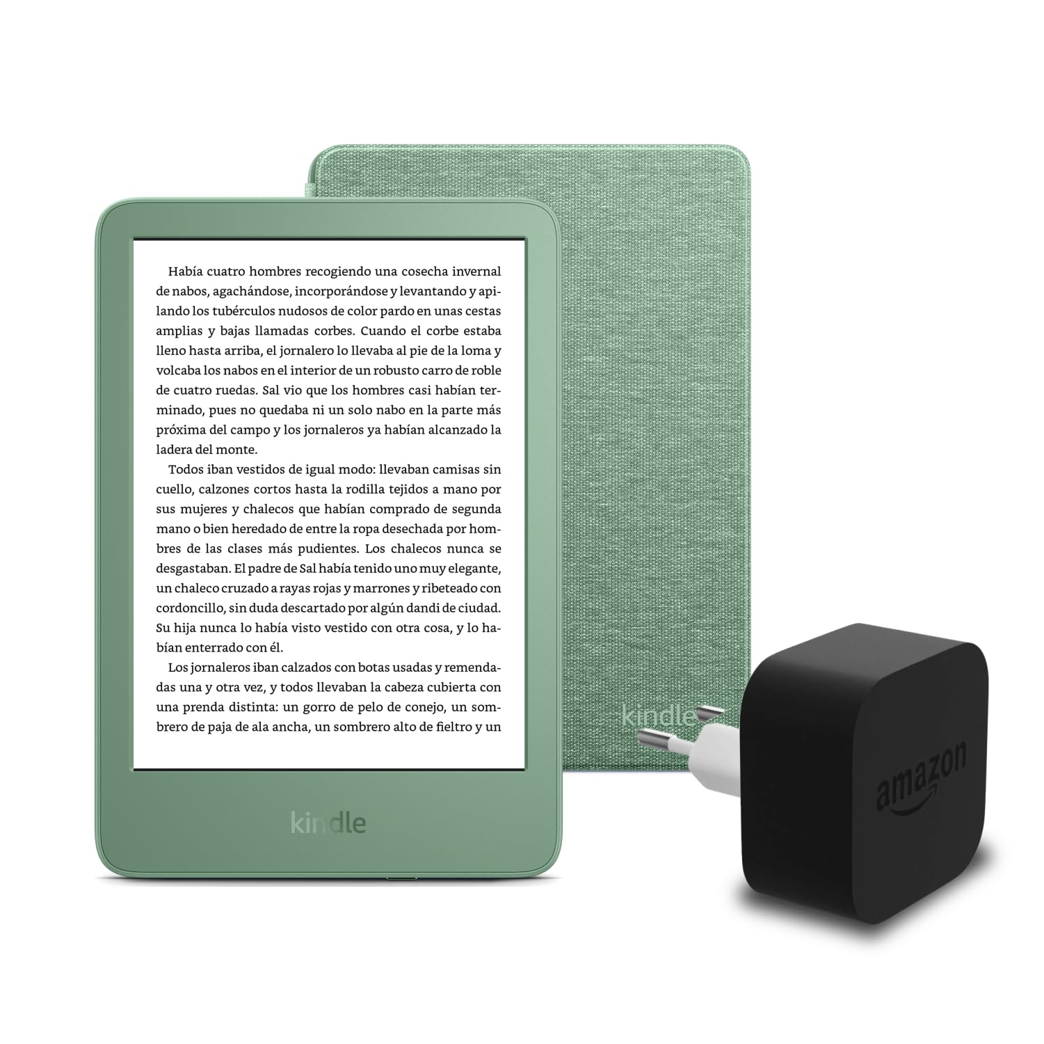 El nuevo Kindle (versión 2024) de 16 GB sin anuncios, una funda de tela de Amazon y un adaptador de corriente Amazon Powerfast de 9 W.