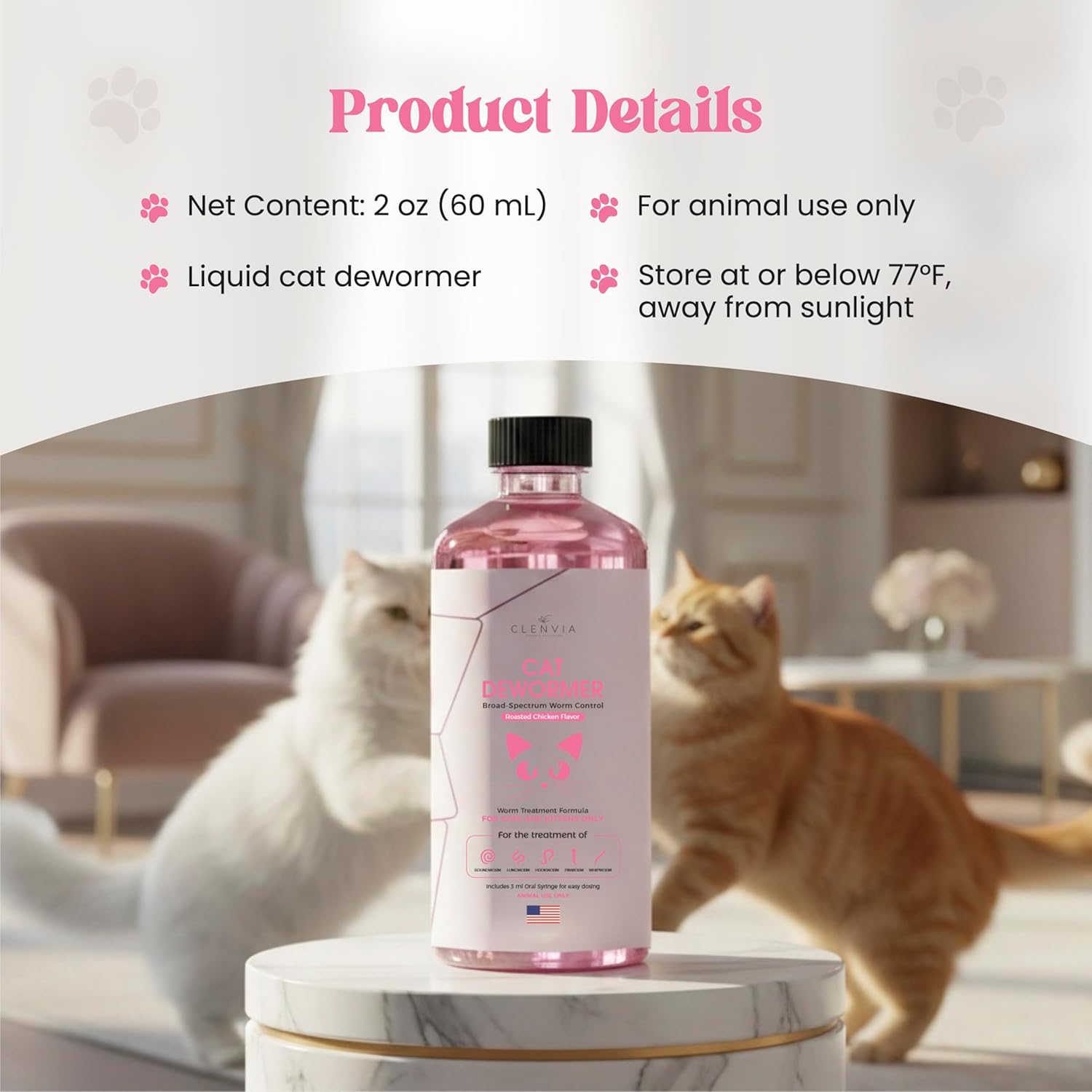 Dewormer for Cats Liquid – Chicken Flavor Cat Dewormer for Cats & Kittens – Oral Formula with Syringe – Tapeworm Care Support – 2 oz (60 ml)