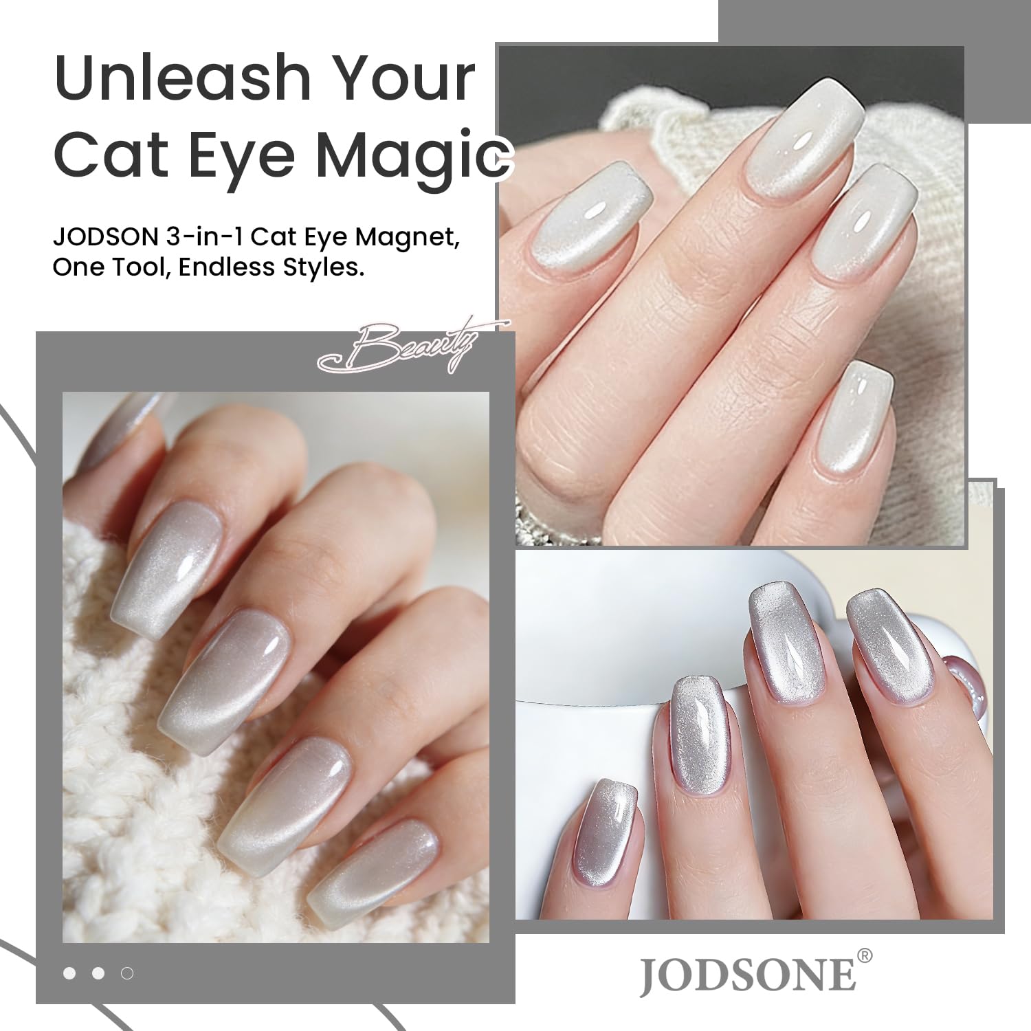 JODSONE 3-in-1 Cat Eye Magnet Nail Art Tool,Silver Cylindrical & Round Ball Nail Magnet Pens, Multi-Effect Magnets for Cat Eye Gel Polish DIY at Home Salon