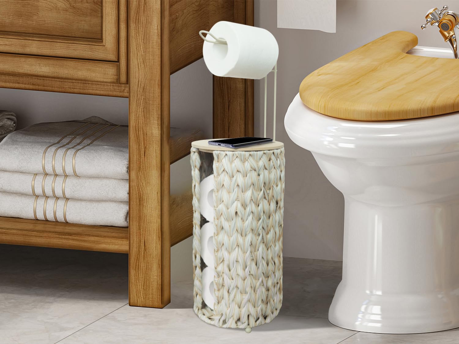 Portarotolo per carta igienica con coperchio in legno, colore: bianco