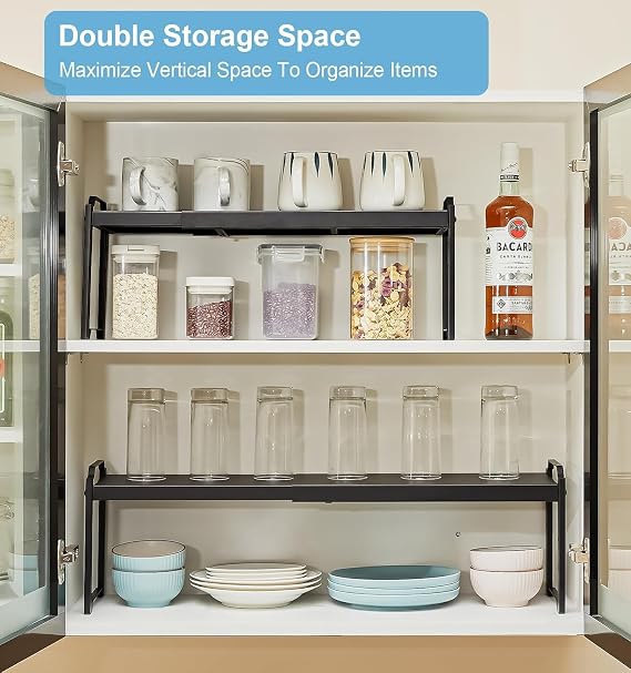 Expandable Kitchen Cupboard Organiser, Counter Spice Rack, Multi-Purpose Kitchen Shelf Organiser Storage, Cupboard Shelves for Pantry,Cabinet, Metal, Black