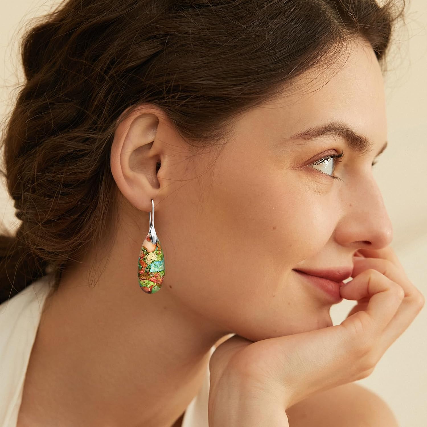 18K Gold Filled/Silver Natural Stone Dangle Drop Earrings, Colorful Gemstone Teardrop Statement Earrings for Women, Boho Fishhook Jewelry Gifts - Image 4