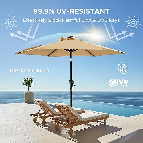 Miniatura 10 de HOMSHADE Sombrilla de patio al aire libre de 9 pies, protección UV UPF50+, sombrilla de mesa de patio con botón de inclinación, manivela y 8
