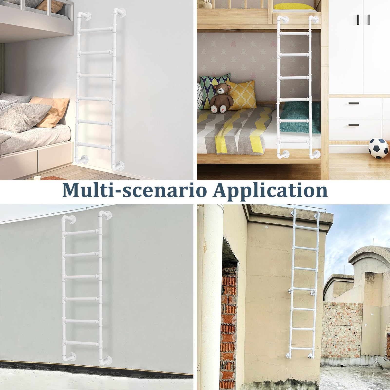 Scala a soffitta in Tubo di Ferro Industriale da Parete con Uscita di Emergenza per vano Finestra. Scala a pioli in Metallo Bianco nelle opzioni da 150 cm, 180 cm, 220 cm, 240 cm e