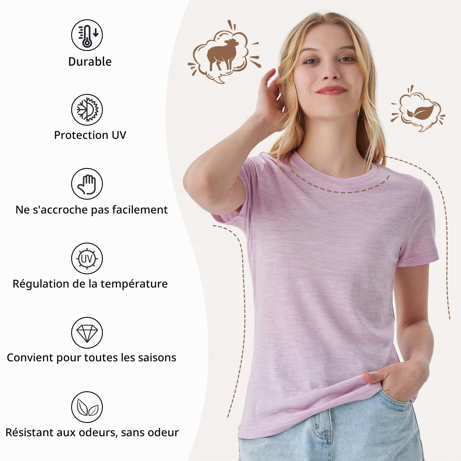 Merino Protect 100% Laine Merinos T-Shirts Femme Col Rond Manches Courtes sous Vetement Résistance Odeur Couche Base pour Voyage Randonnée Tshirt