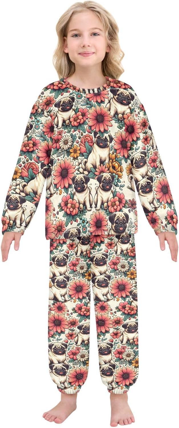 Kids Flannel Sets Pattern with Pugs and Flowers Warm Plush Relaxed Clothing for Boys and Girls