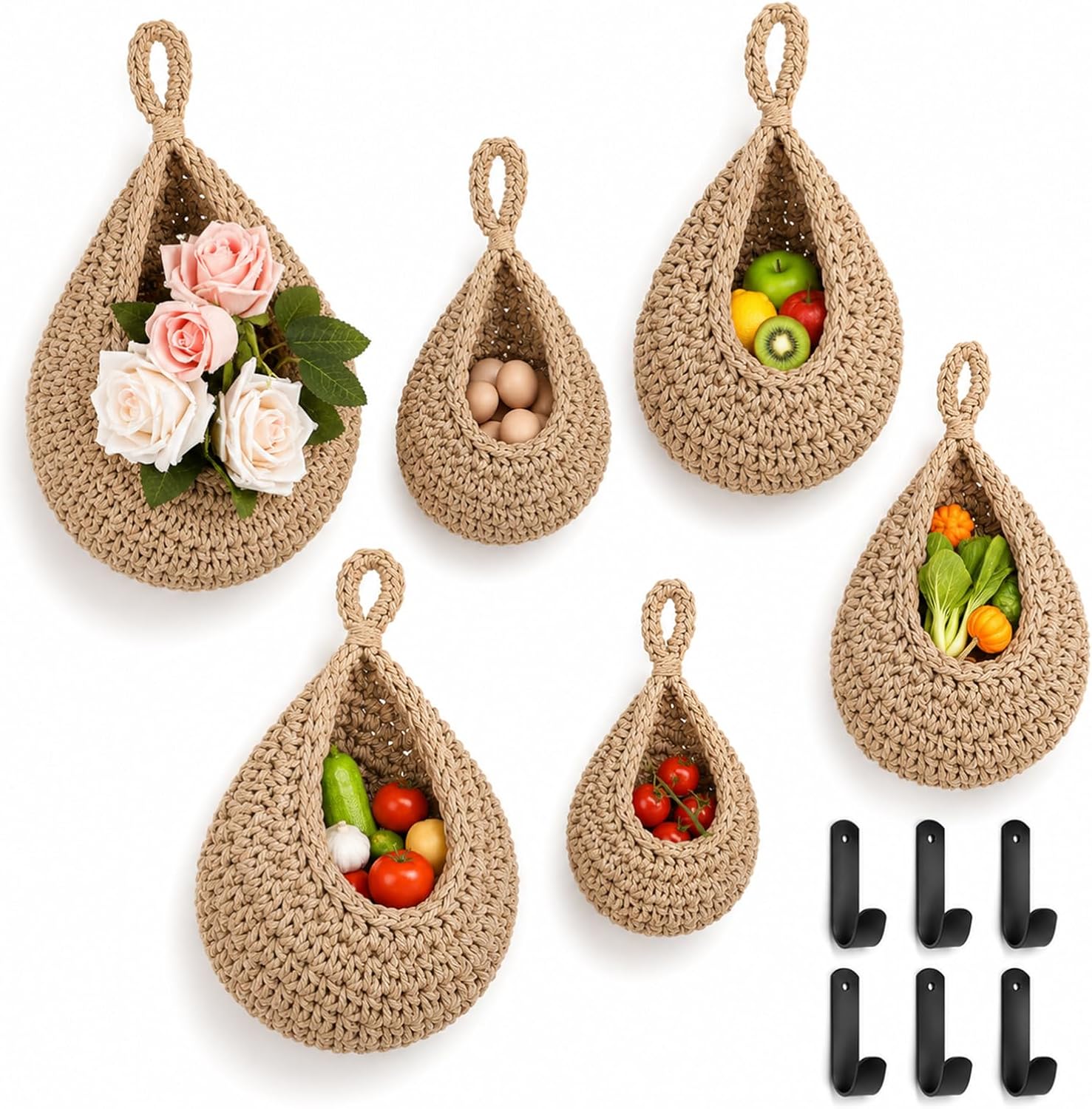 6 Pcs Boho Hanging Fruit Baskets for Kitchen, Handwoven Wall Hanging Basket with Strong Hooks 6 Sizes Linen Wall Hang Fruits Basket for Vegetable, Potato, Onion, Garlic Storage