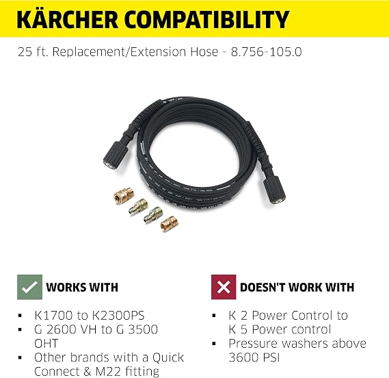 Karcher 25' High Pressure Extension Hose for Pressure Washers up to 3600 PSI - with Adapters Included - Quick Connect or M22 Fitting