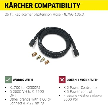 Karcher 25' High Pressure Extension Hose for Pressure Washers up to 3600 PSI - with Adapters Included - Quick Connect or M22 Fitting