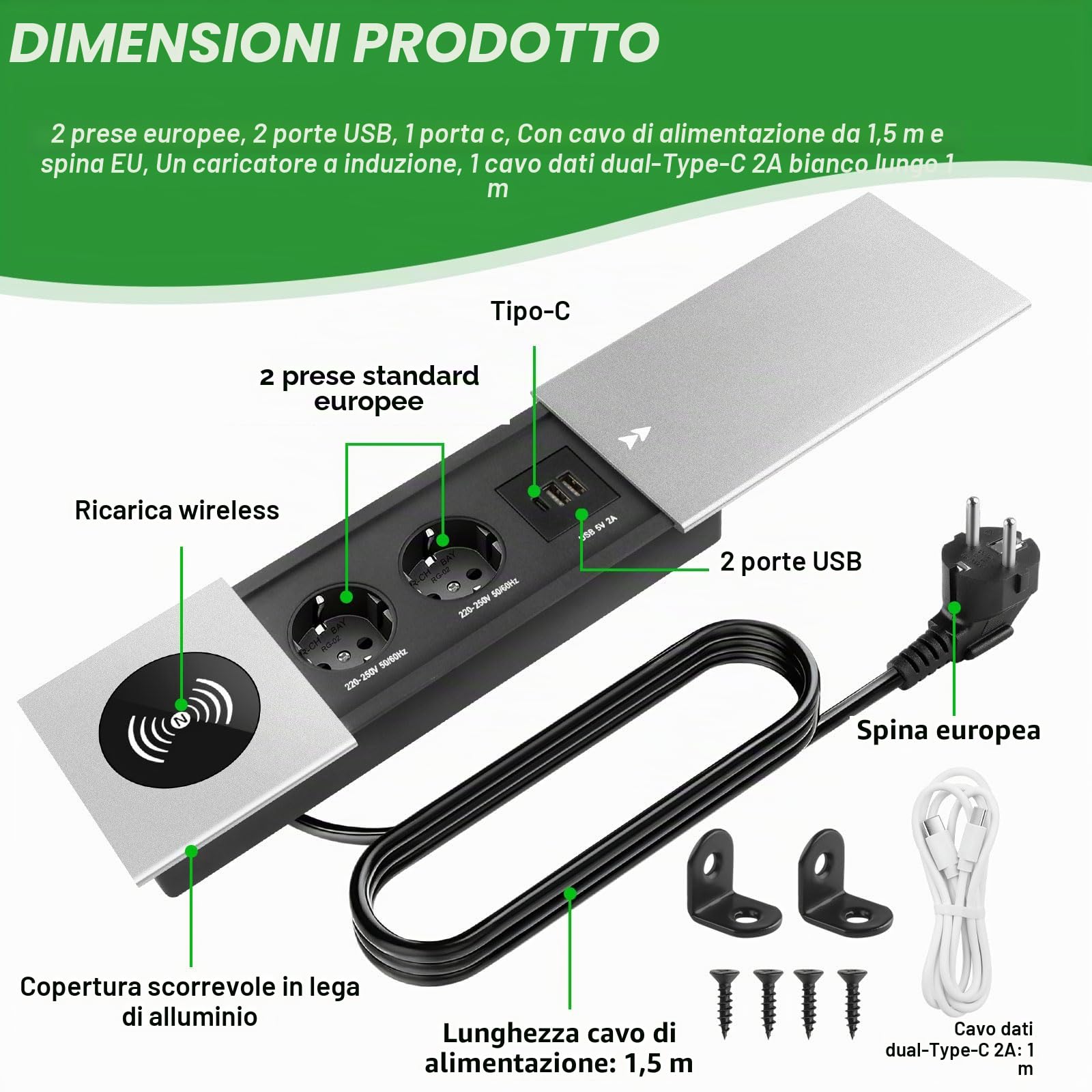 Presa da incasso a scomparsa con coperchio, 2 scomparti, USB C PD, presa da tavolo, presa a scomparsa, per scrivania, cucina, ufficio, tavolo da conferenza, colore argento