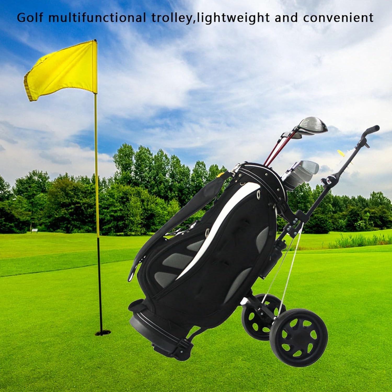 Foldable Golf Trolley, 2 - Wheel Push Pull Golf Cart, Lightweight Metal Frame with Silent Wear - Resistant Wheels for Golf Course Equipment, Holds Up to 88 lb