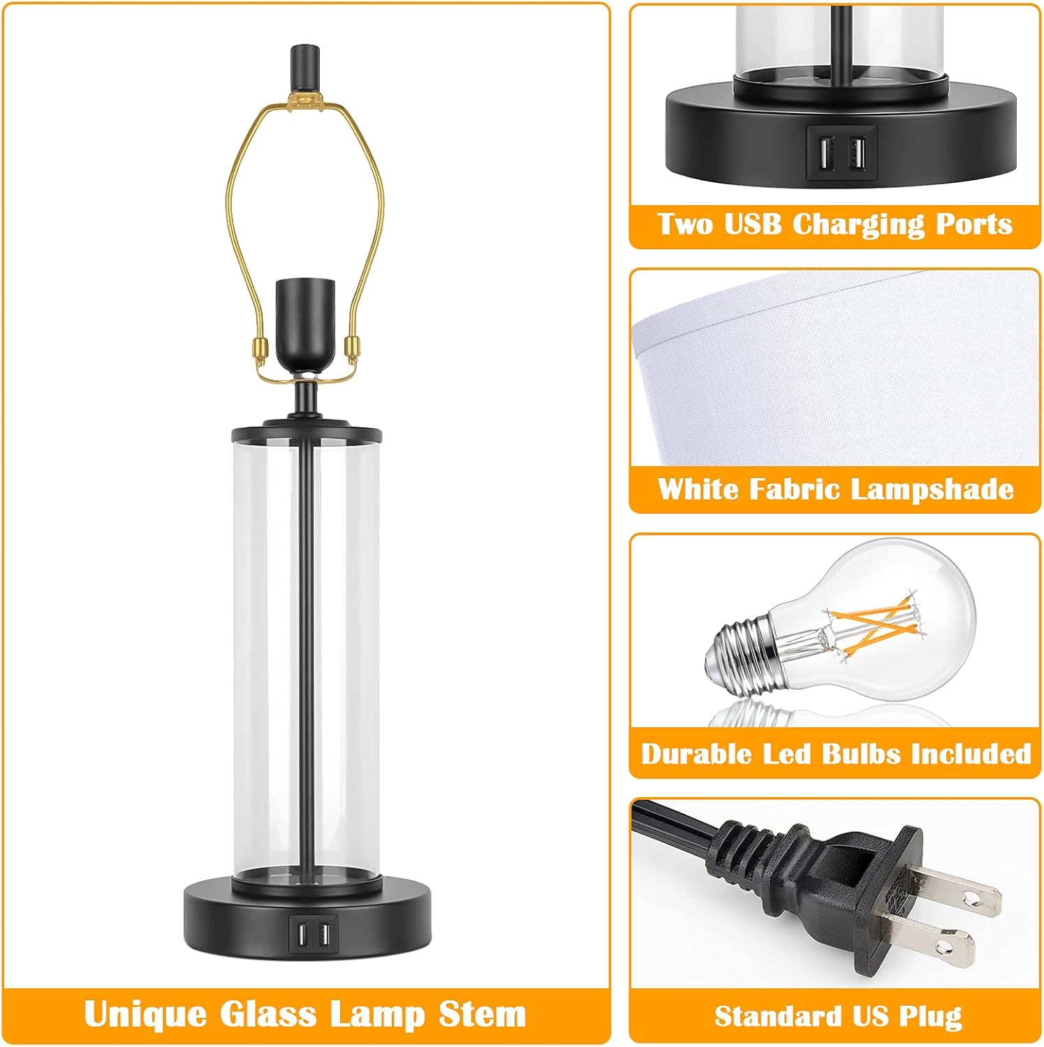 Modern Touch Control Dimmable Table Lamps with 2 USB Ports for Living Room Set of 2, 3-Way Dimmable Bedside Lamps with White Fabric Drum Shades for Reading Bedroom Nightstand Hotel, LED Bulbs Included