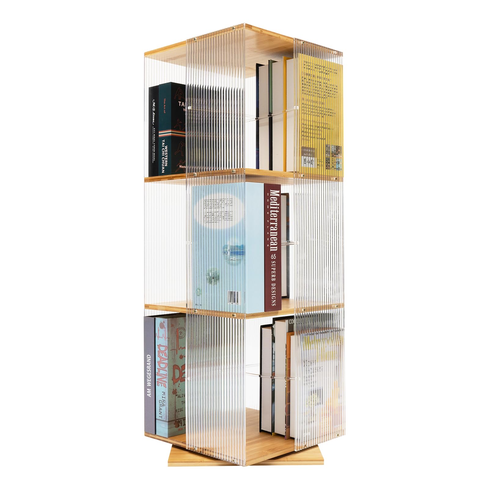 Estantería de bambú y acrílico de 3 niveles, con pantalla transparente, estantería de almacenamiento y almacenaje, giratorio 360°, multifuncional para oficina, salón