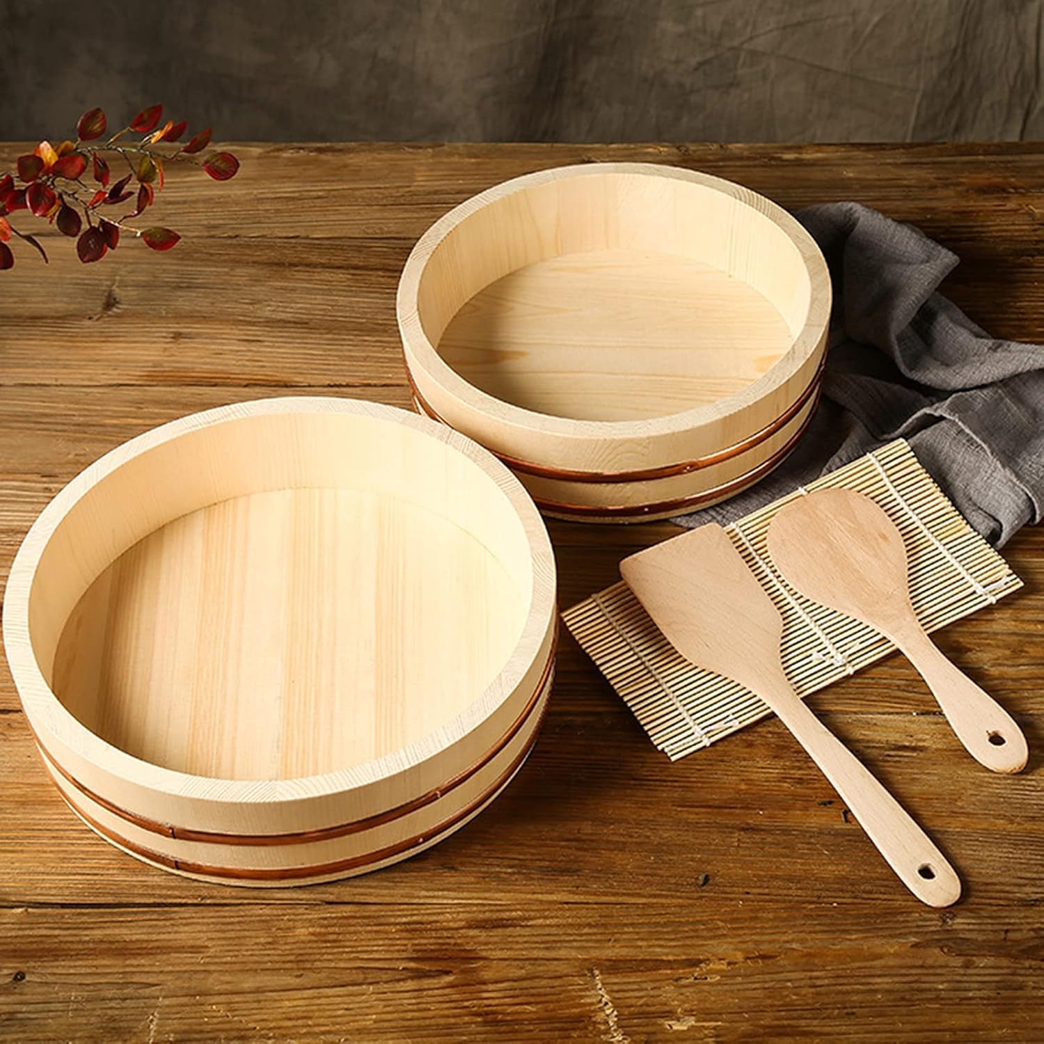 Hgiri Oke Sushi Miska Chłodząca Do Ryżu Zestaw Akcesoriów Do Serwowania Z Matami Do Sushi I łopatką Do Ryżu Do Restauracji, 30cm/11.8in