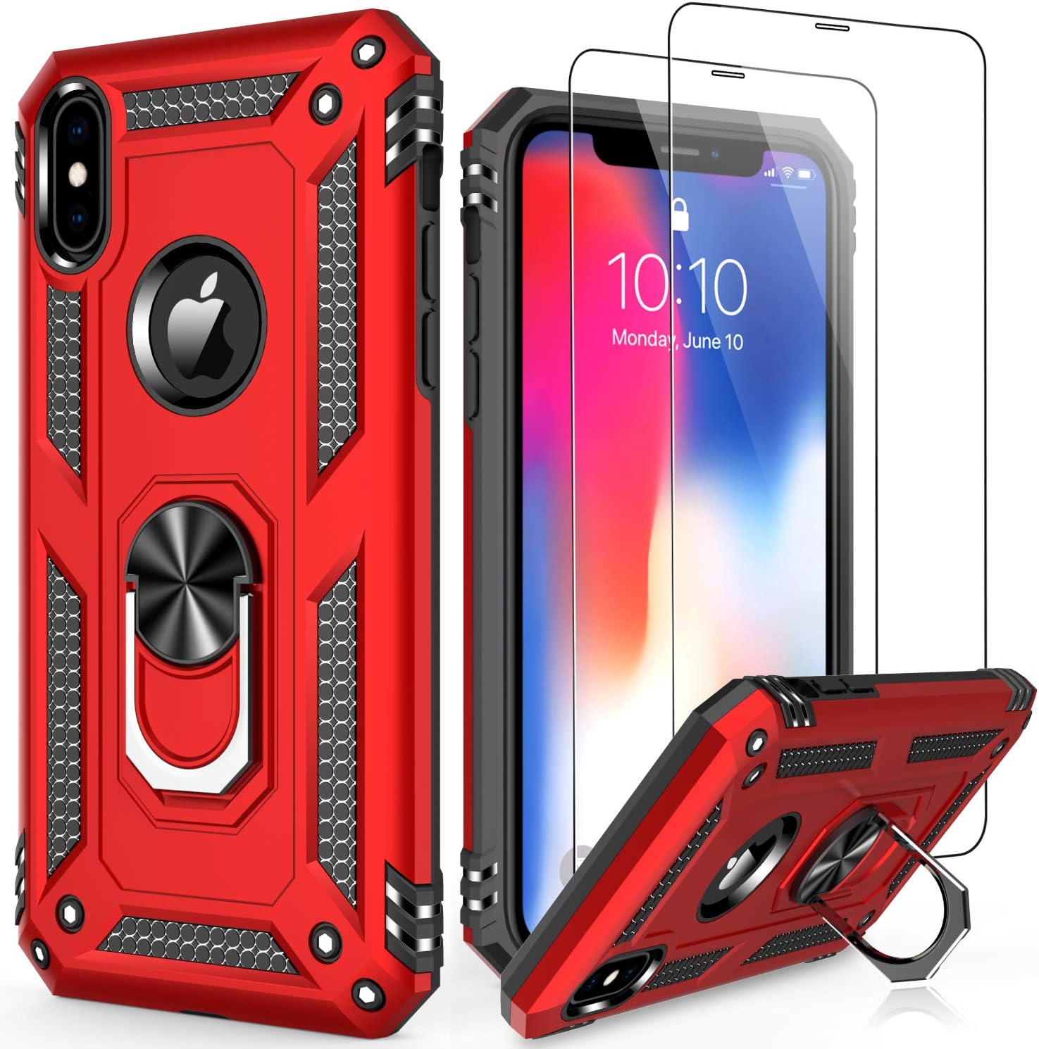 LUMARKE iPhone X Case,iPhone Xs Case with Tempered Glass Sreen Protector,Pass 16ft Drop Test Military Grade Cover with Magnetic Kickstand,Protective Phone Case for iPhone X/Xs Red
