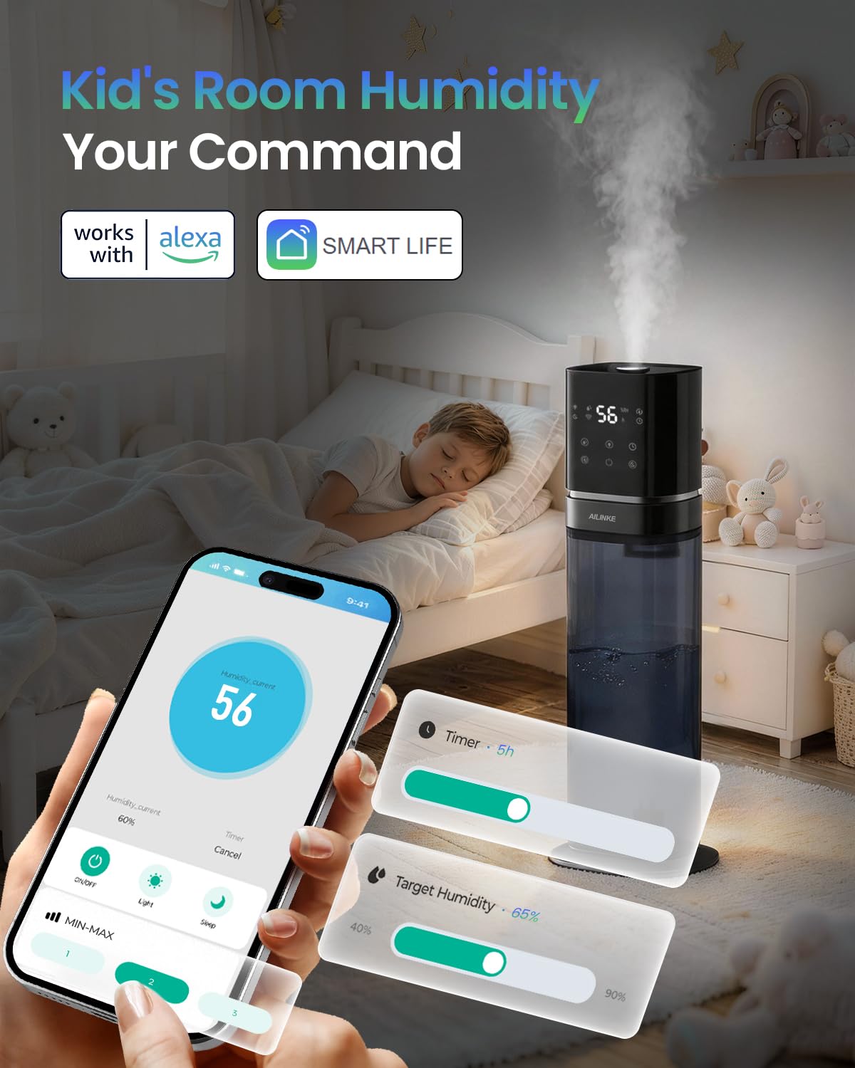 Humidificador Inteligente para Habitación Grande, 2.1 Gal/8 L, con Tubo Extendido y Luz Nocturna, Humidificador de Niebla Fría para Toda la Casa de 1000 Pies²
