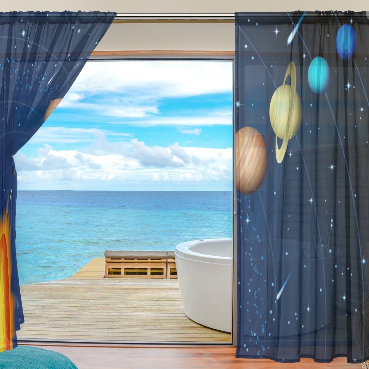 Amazon｜VAWA レースカーテン 遮光 おしゃれ 宇宙柄 星空 星柄 銀河