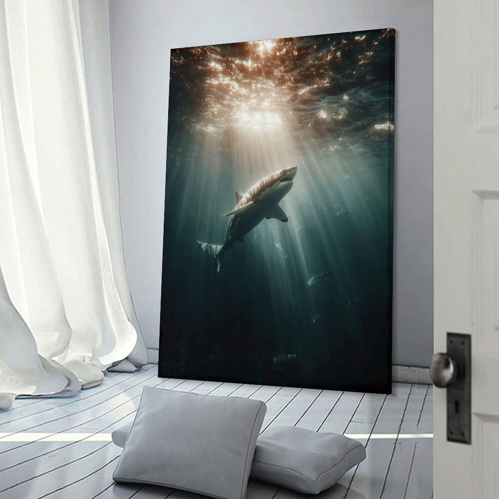 Junmoney Frame-Style-13-1 Great White Shark In Sunlit Ocean Depths Wall Art Print 24X36inch(60X90cm), For Gallery Wall Layouts In Home Or Office, An Easy Match For Collected Prints