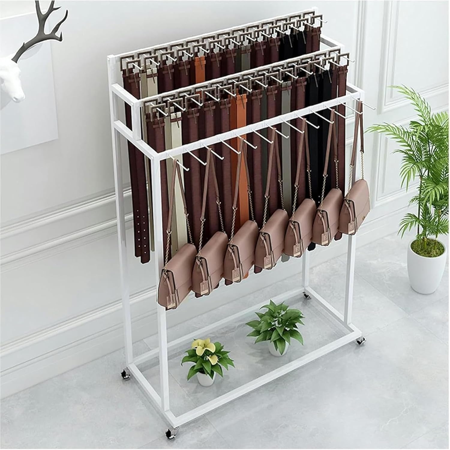 Belt Stand Hanger with Hooks, Scarf Rack Organizer, Tie Storage Display, Space Saving Hanger for Closet, Holds Jewelry, Hats, Socks,White-150 * 40 * 150Cm