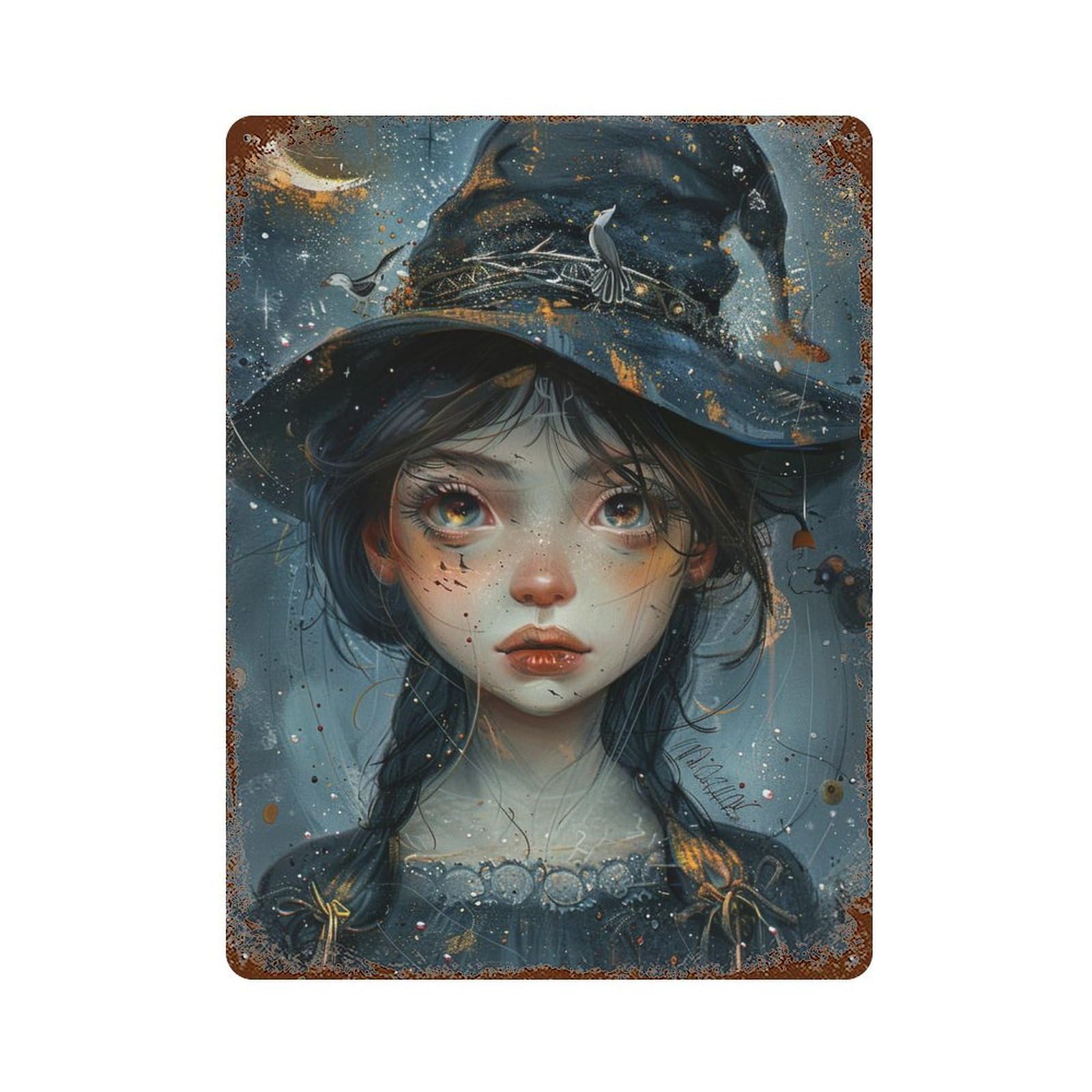 Rusty Metal Tin Sign Witch Hat Fantasy Art 15.7"x11.8", Rustic Home Decor for Shed, Workshop And Garage Wall Decor