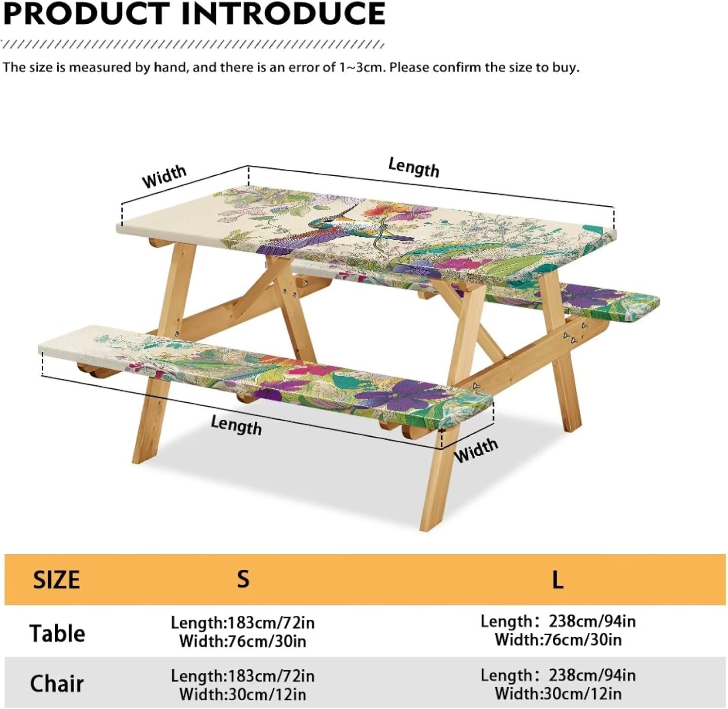 Easy Install Picnic Table Cover 3 Piece Set, Waterproof Bench Covers with Elastic Corners, Quick Dry Protective Cover for Camping, Backyard, Beach and Party Events Hummingbird