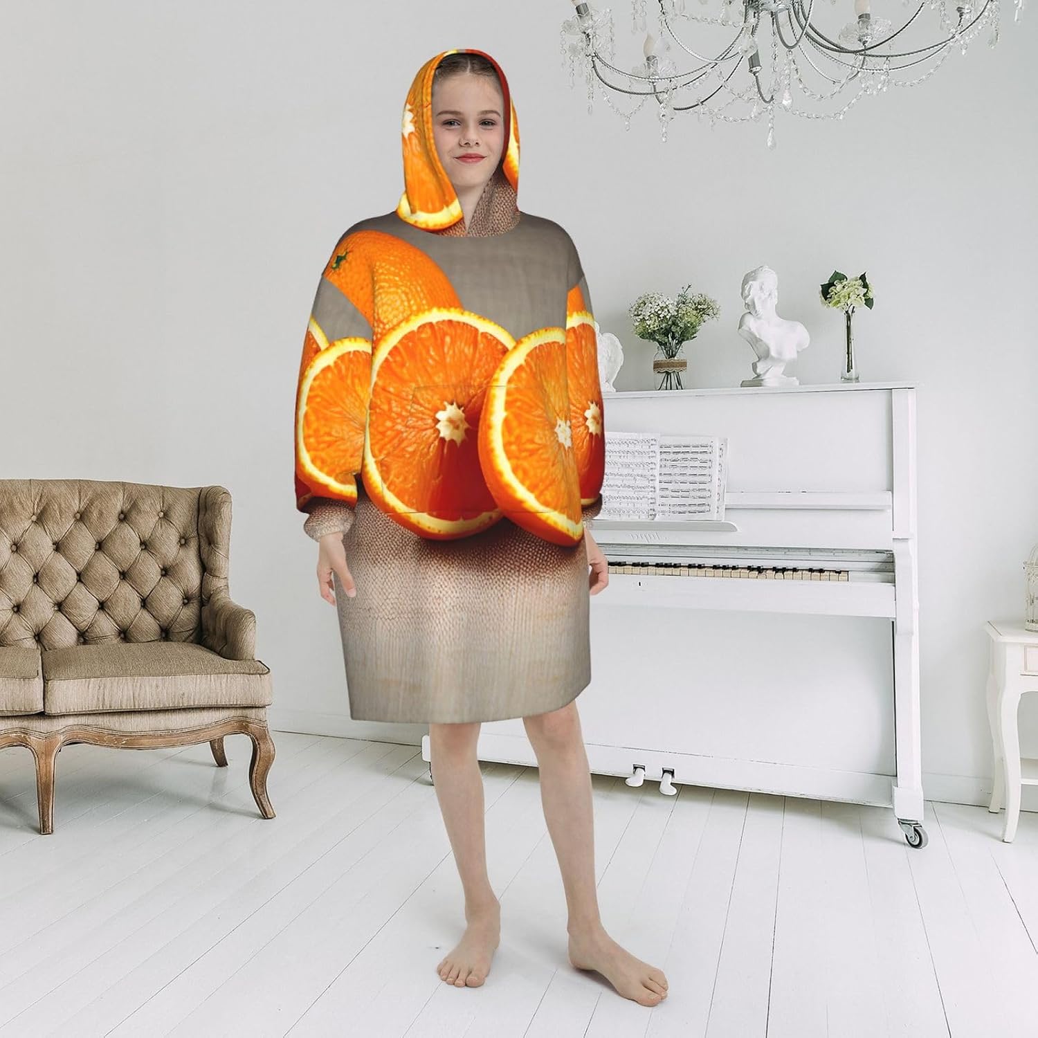 Orange Fruit Print Oversized Blanket Hoodie, Wearable Blanket Hooded,Hooded Pullover With Pocket