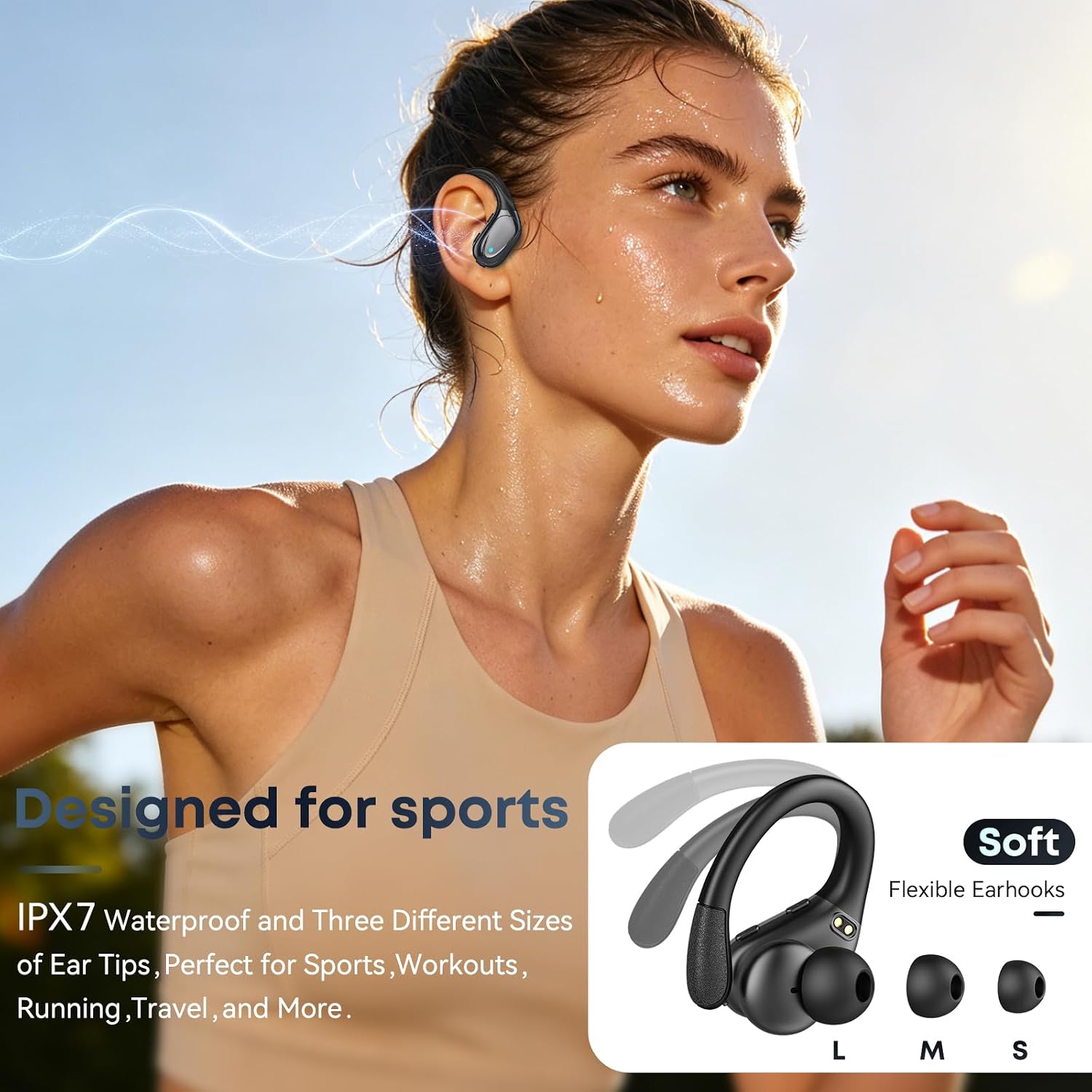 HAOYUYAN Sports Bluetooth Headphones, 80Hrs Playtime Wireless Earbuds with LED Power Display, IPX7 Waterproof Earphones for Workout/Running, Noise Canceling Headset Ear Buds(Black) image 2