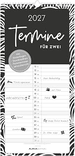 Termine für 2 Black and White 2027: Familienplaner 22x45 cm mit 2 Spalten, Stickerbogen, Schulferien & Jahresübersicht, ideal für Paare