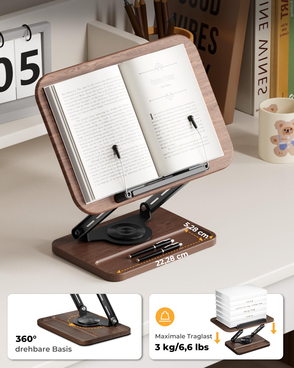 SupeDesk Buchständer zum Lesen, Buchhalter mit 360° drehbarer hölzerner Basis & Stiftschlitz, verstellbarer Holz-Buchhalter Leseständer mit elastischem Kugel-Seitenclip für Zeitschrift,Tablet,Laptop