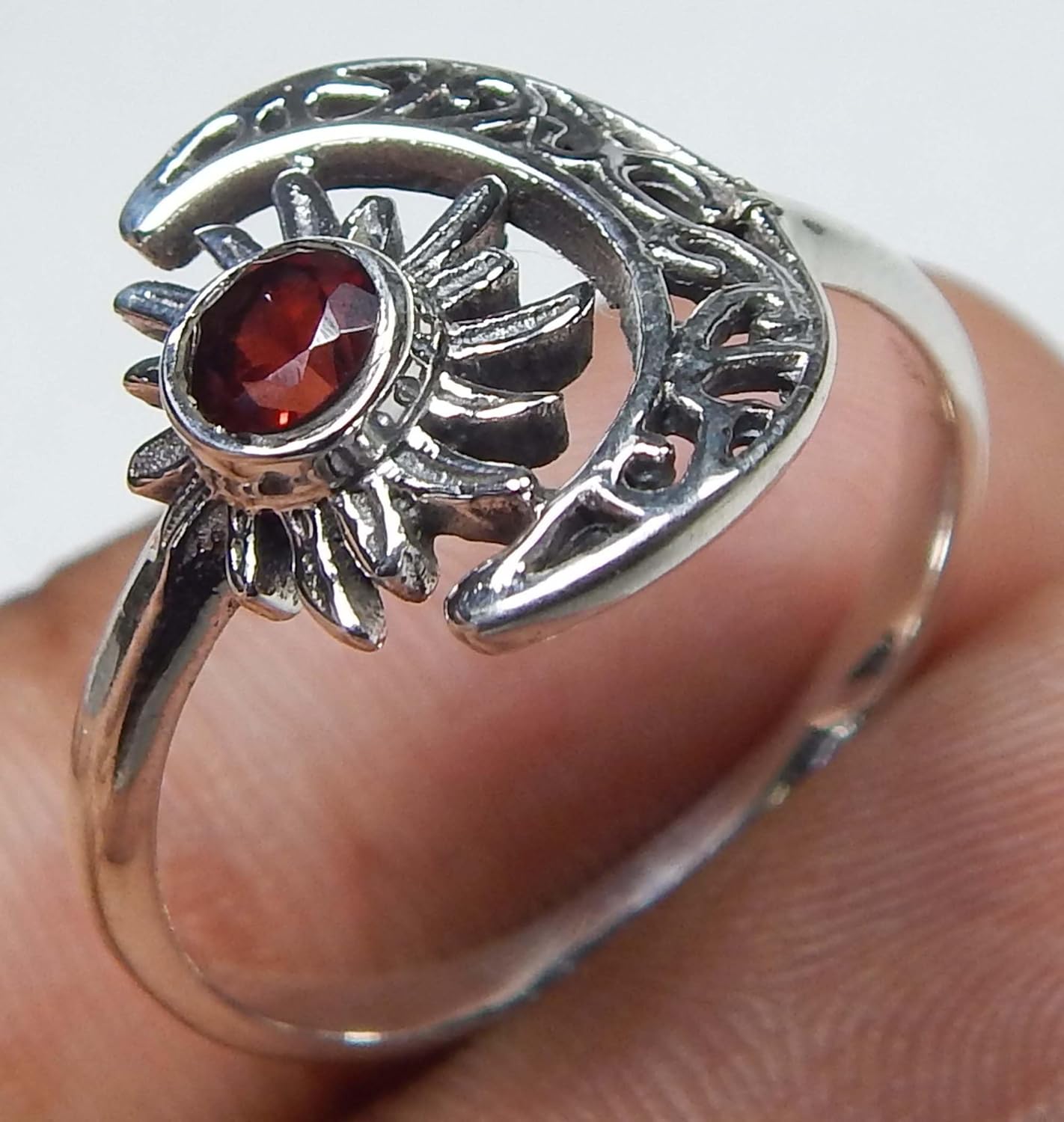 Crescent Moon And Sun Garnet Round Faceted Gemstone 925 Sterling Silver Garnet Ring Jewelry for Good Luck Promise Ring Vintage Ring Birthday Gift Gift For Her