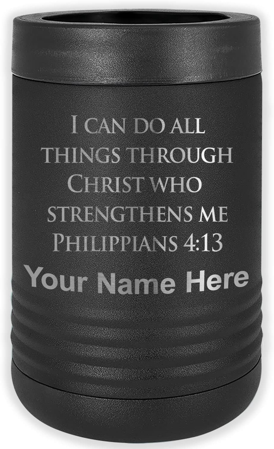 LaserGram Personalized 12 oz. Stainless Steel Can & Bottle Insulator, Bible Verse Philippians 4-13 – Keeps Drinks Cold Longer (Gray)