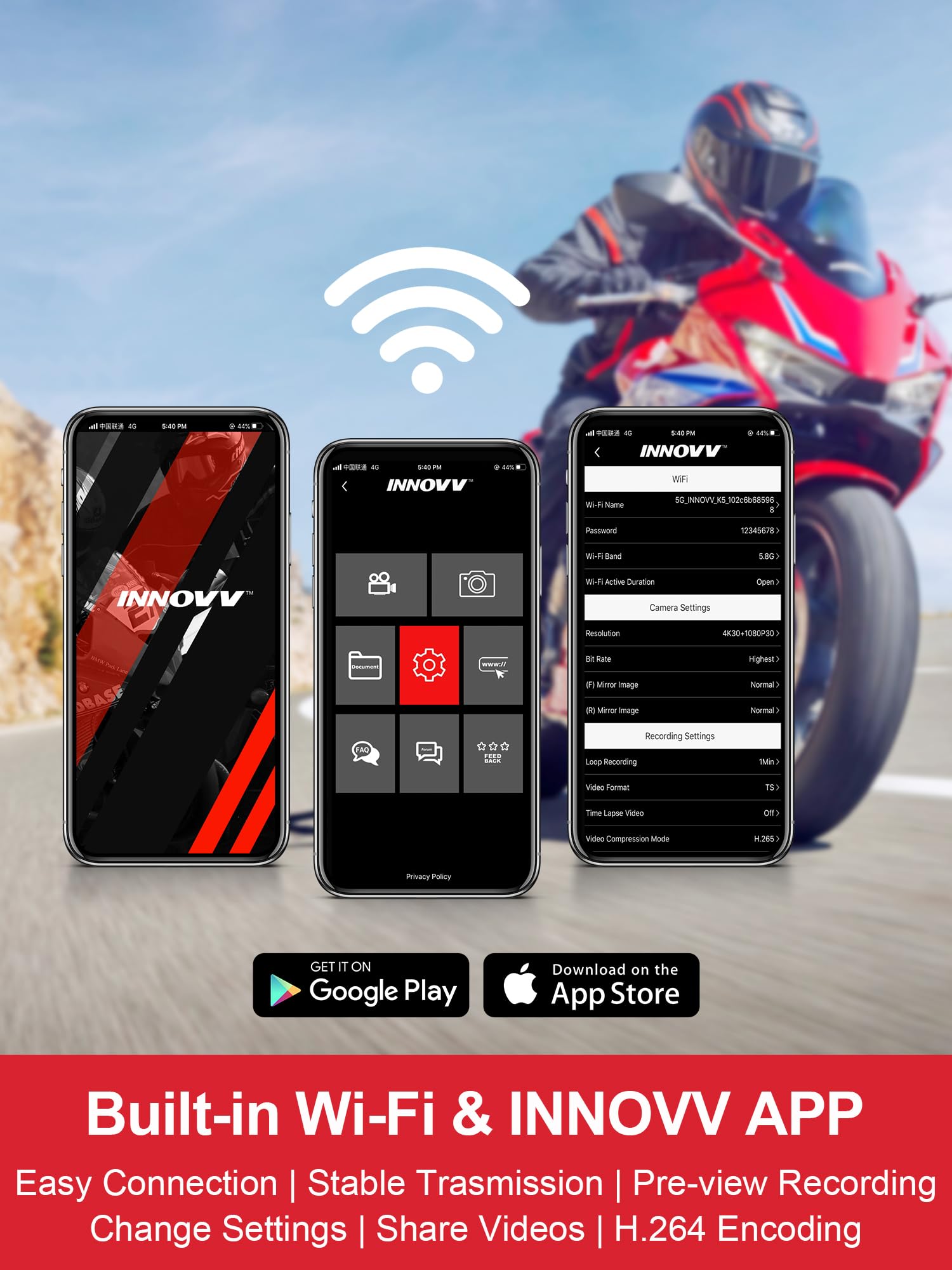 INNOVV K6 Dashcam Moto, Dual Channel QHD 2K + 1080P, IP67, impermeabile, mini telecamera per moto con Wi-Fi, 120 ¡ã Golden Angel, rilevamento sensore G, supporta 256 GB (scheda SD non inclusa)