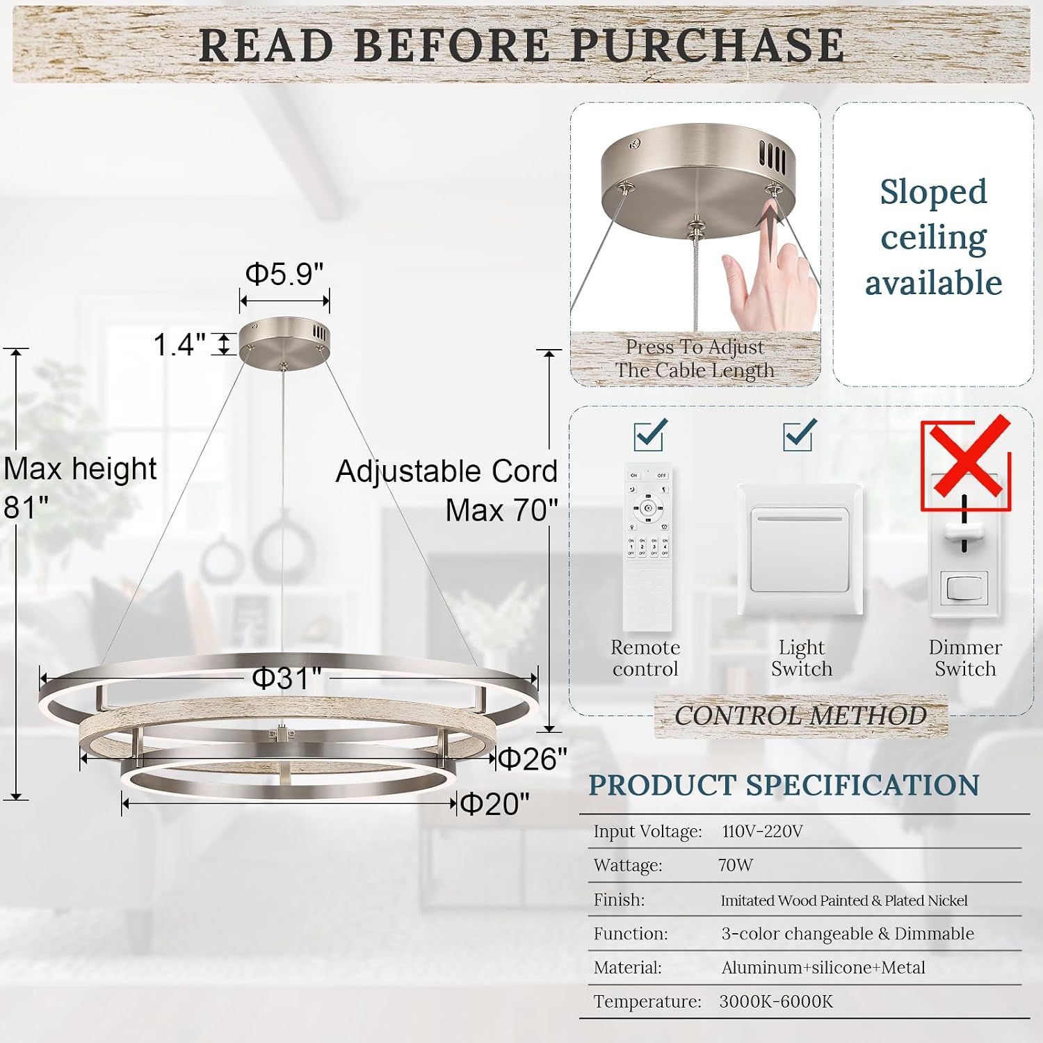3 Ring LED Chandelier Nickel Round Chandelier Light Fixture 31in Dimmable Modern Entry Chandeliers Weathered Wood Circular Light for Foyer Dining Room Bedroom Office Living Room