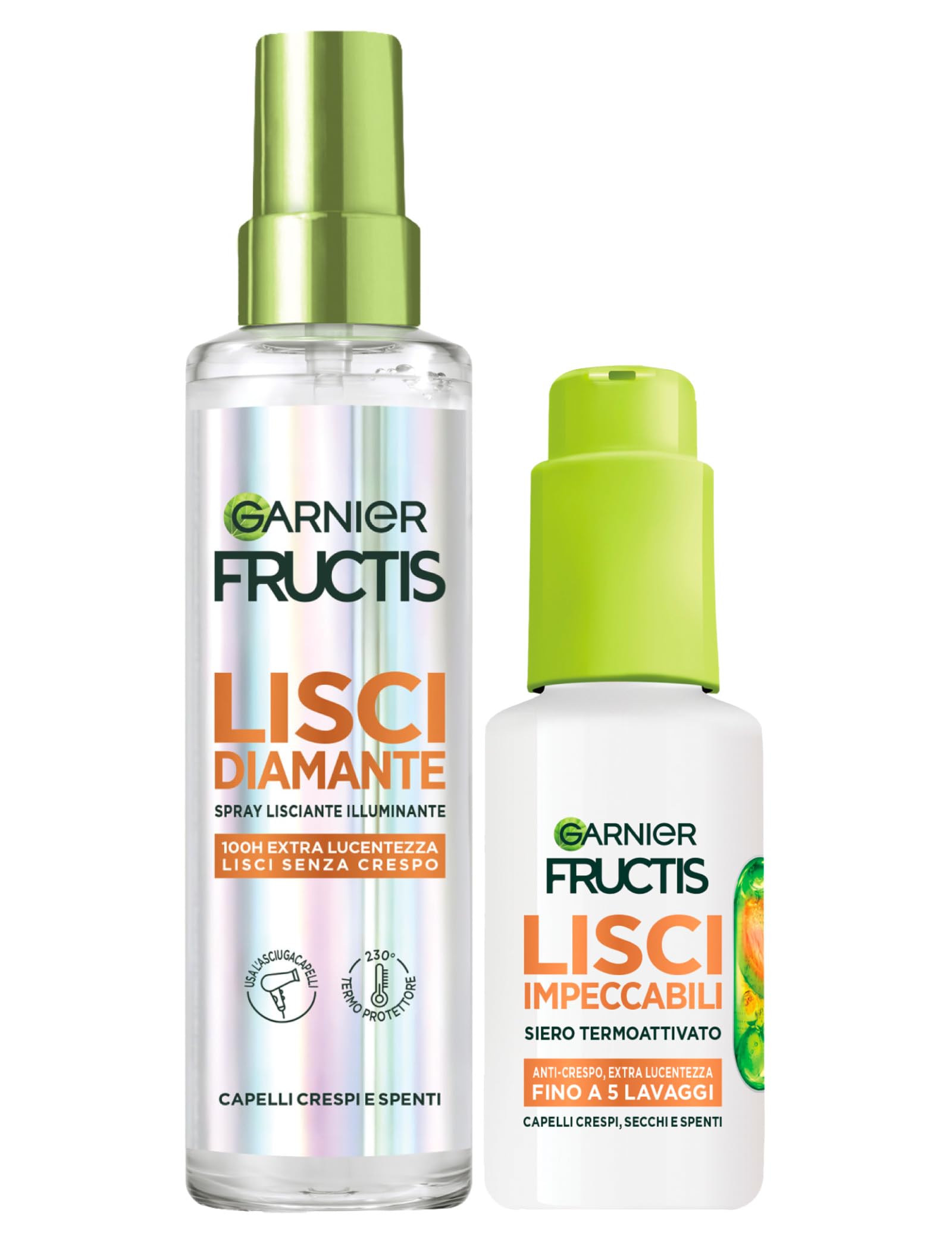 Garnier Fructis Lisci Diamante Spray Lisciante per Capelli Extra Lucenti 100H 150ml + Lisci Impeccabili Siero Termoprotettore e Termoattivato per Capelli Setosi Anti Umidità e Anti Crespo 50ml
