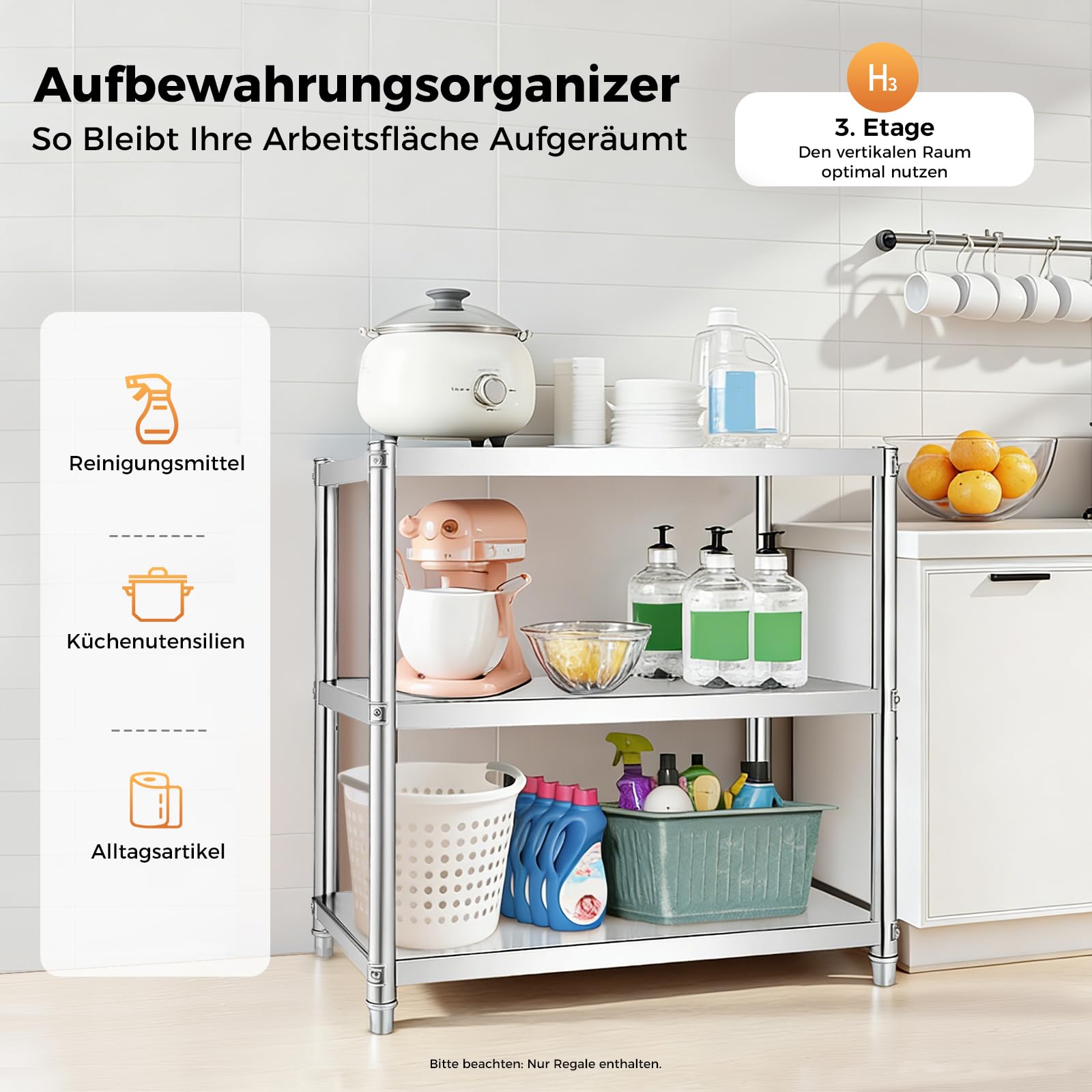 Edelstahl Regal,Metallregal Steel Eagle 80 X 80 X 40cm,Maximale Traglast 30 Kg,Edelstahl Küchenregal Schwerlastregal Standregal Küche Lagerregal Metallregall mit 3 Regalböden und Streben