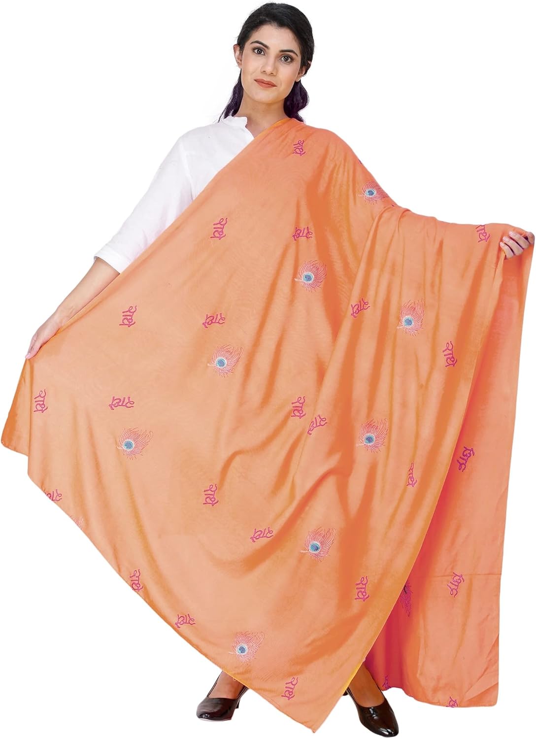 Exotic India Radhe Prayer Shawl with Embroidered Peacock Feather - PolyCotton