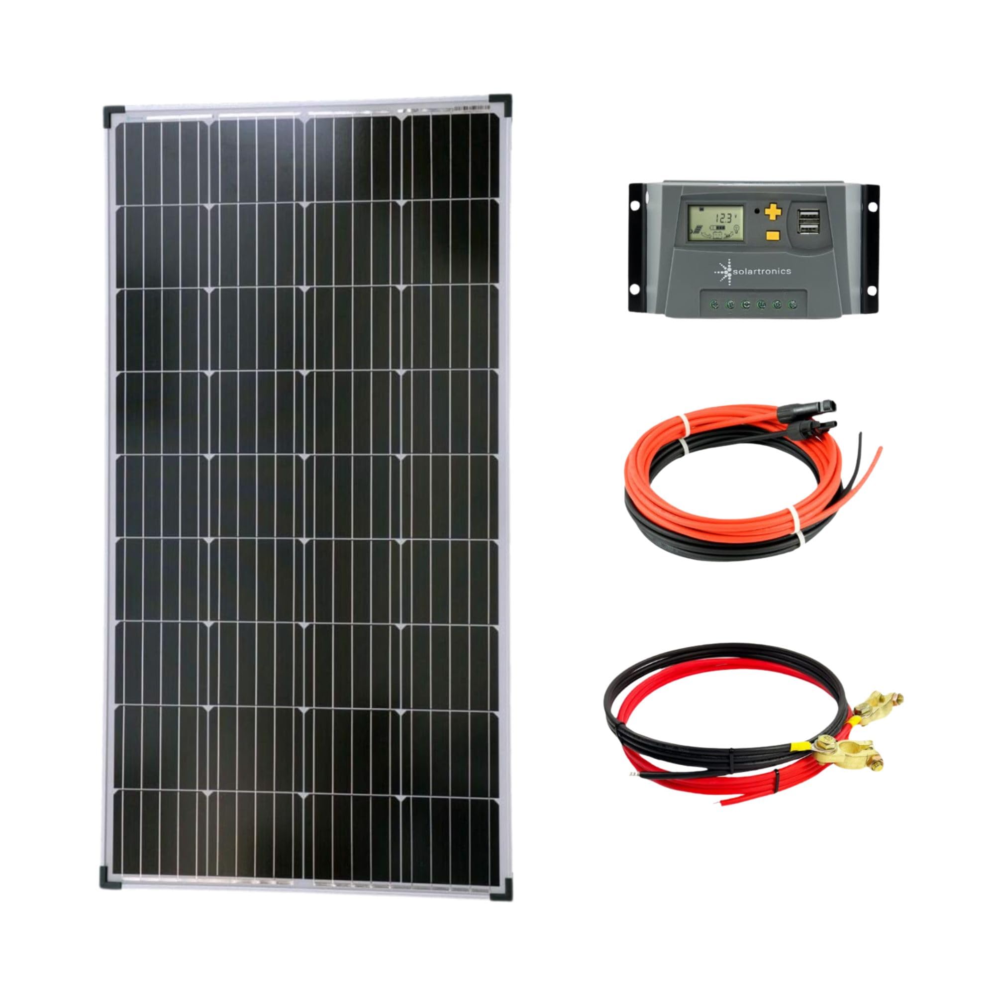 SOLARTRONICS Solar Set: 1x 130W monokristalline Solarmodul + 10A Laderegler + PV Kabel, Photovoltaik Inselanlage für Camping, Gärten