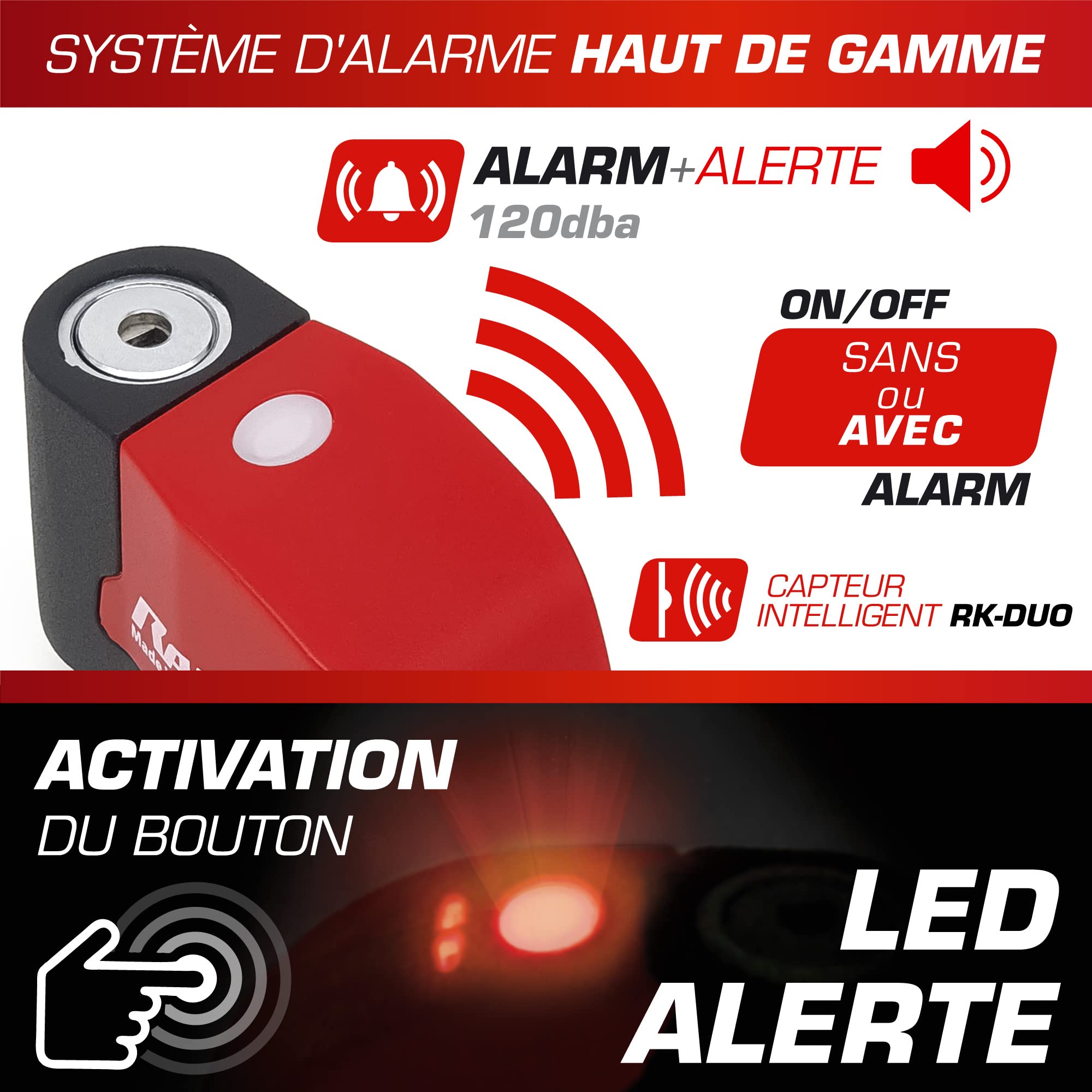 RADIKAL RK6 Bloque Disque Moto Premium avec Alarme 120db, Bouton ON, Avertisseur, Module Remplaçable Imperméable, Pile Longue Durée, Bloc Frein Roue Universel Scooter Moto Velo Trottinette Electrique