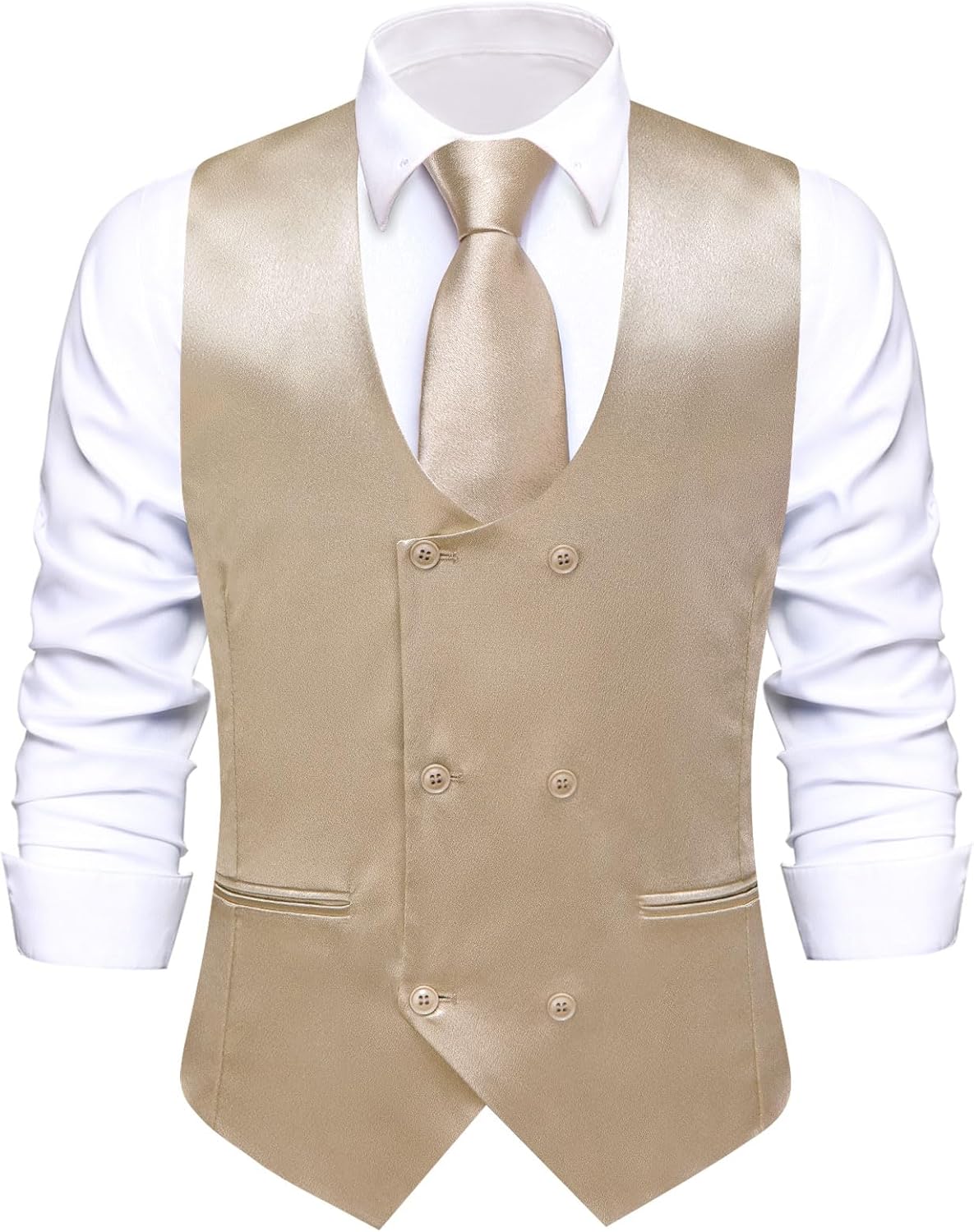 Hi-Tie Mens Silk Double-Breasted Suit Vest Tie Pretied Bowtie and Pocket Square Cufflinks Slim Fit Wedding or Business Tuxedo - Image 4