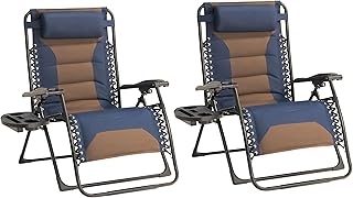 Zero Gravity Chair Set of 2 Oversized Padded Recliner with Adjustable Headrest & Cup Holder - 600D Oxford Folding Lounge Chair for Outdoor Camping, Patio, Poolside (Brown & Blue)