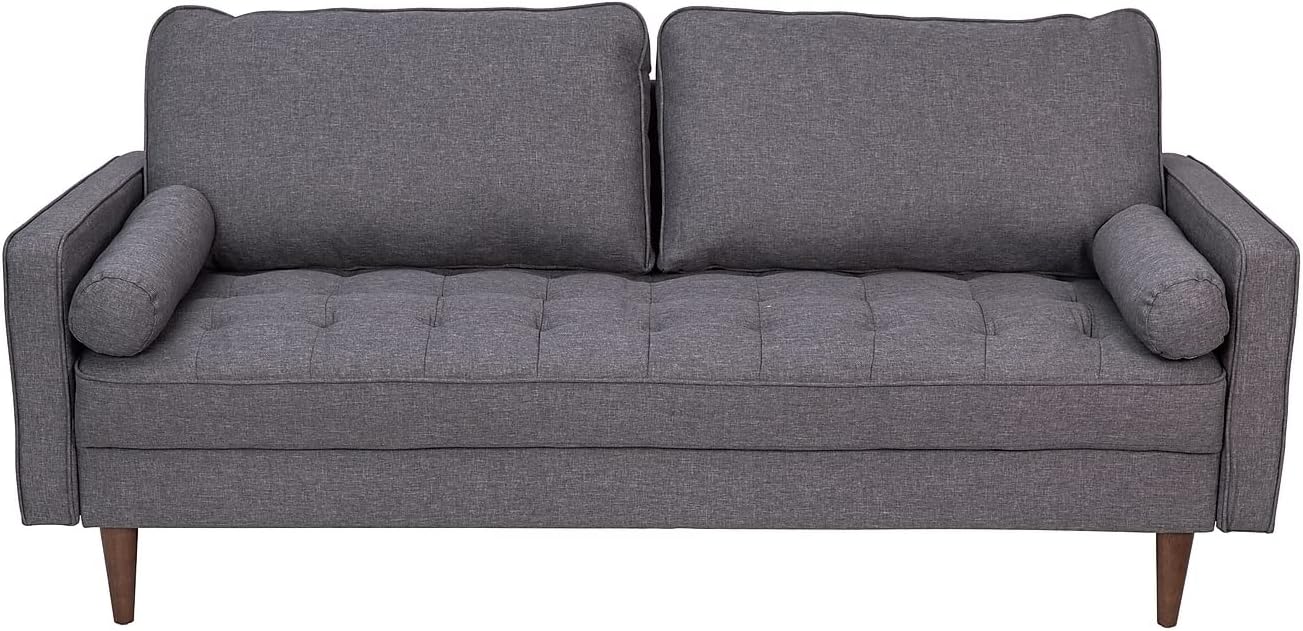 Flash Furniture Hudson Mid-Century Modern Sofa - Dark Gray Faux Linen Upholstery - Buttonless Tufting - Wood Legs