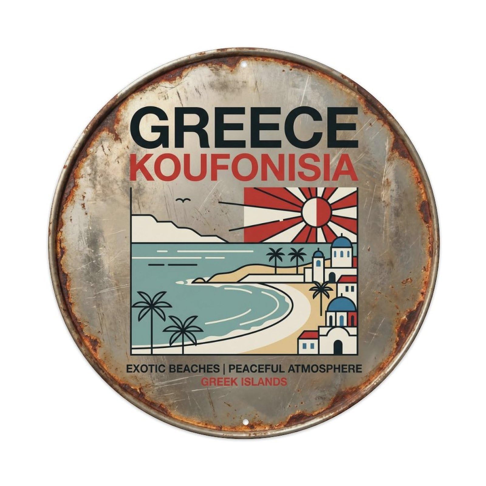 Koufonisia Beaches Greek Grid Style Coastal Travel Metal Tin Sign