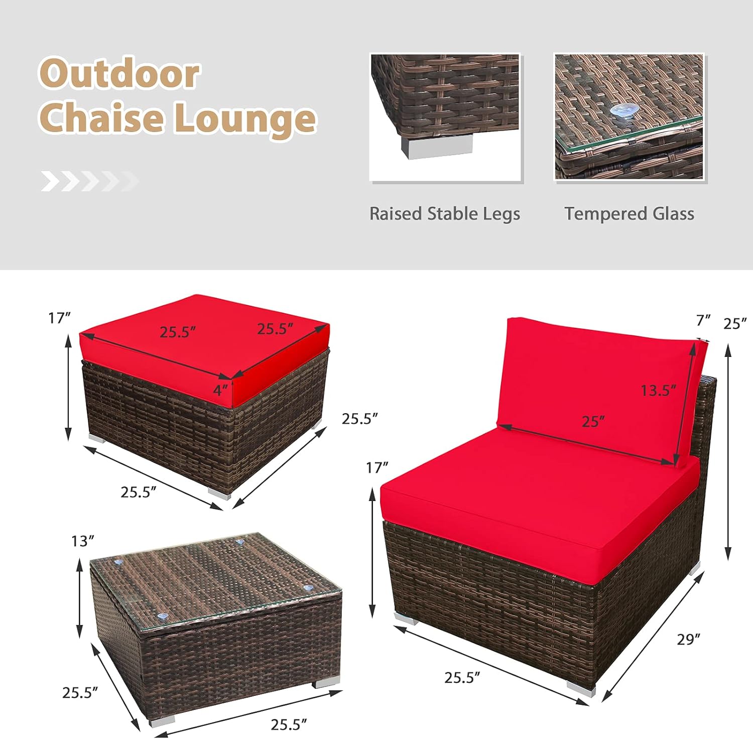 DORTALA Wicker Patio Furniture Set 5 Piece, Outdoor Conversation Sets with Chairs, Ottomans, Tempered Glass Table, Cushions, All Weather Rattan Sofa Couch for Balcony, Porch, Backyard, Deck, Red