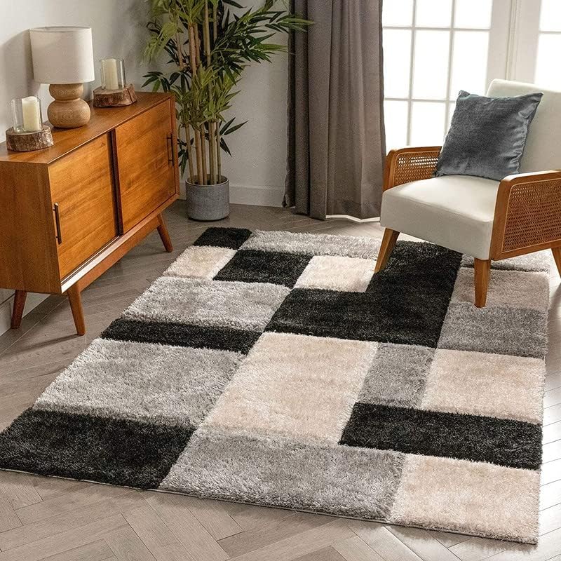 GEM CARPETS Modern Soft Shaggy Rugs Fluffy Home Decorative Carpet for Living Room 2-inch Thick Carpet, Home Decor Shaggy Carpet (GREY WHITE BLACK,9X12 FEET)