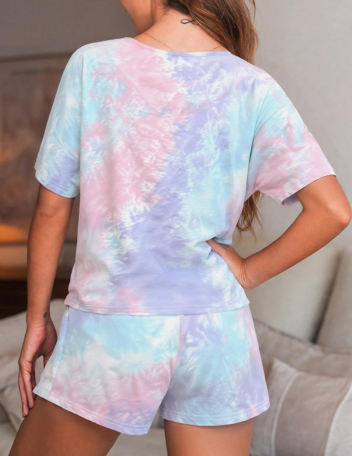 Tie Dye Pajamas for Women Set 2 Piece Comfy Lounge Cute Lightweight Sleepwear Soft Matching Outfits Travel Pjs Casual Nightwear Daytime Wear with Pockets(Tie Dye,L) - Image 7