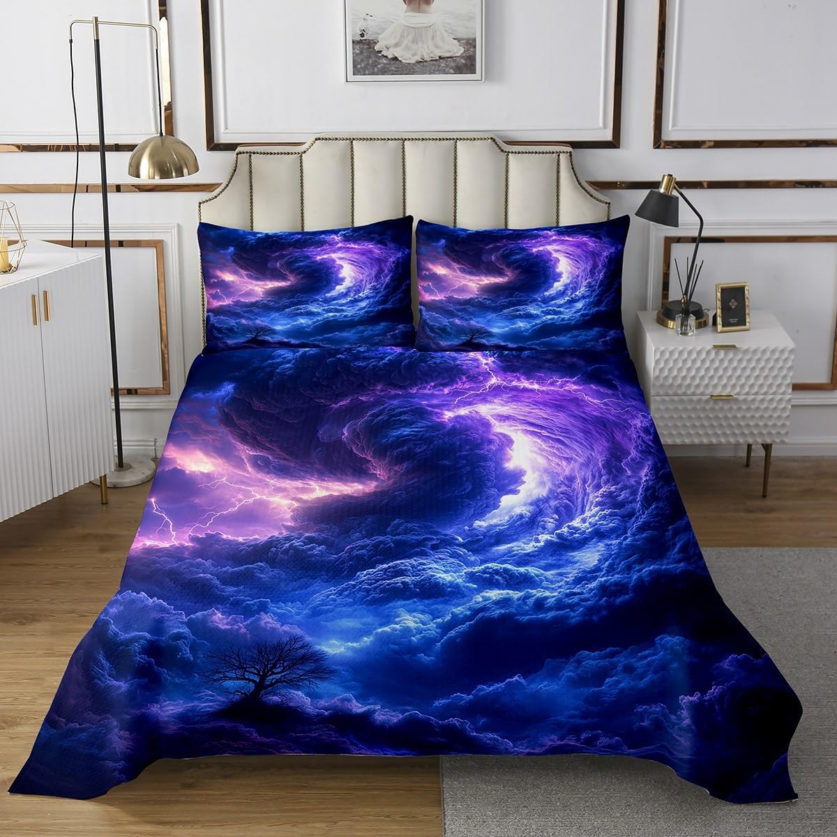 Erosebridal Tornados Bedspread Set Queen,Purple Blue Lightning Coverlet Sets for Kids Boys Adults,Natural Disaster Room Decor for Storm Chaser with 2 Pillow Cases