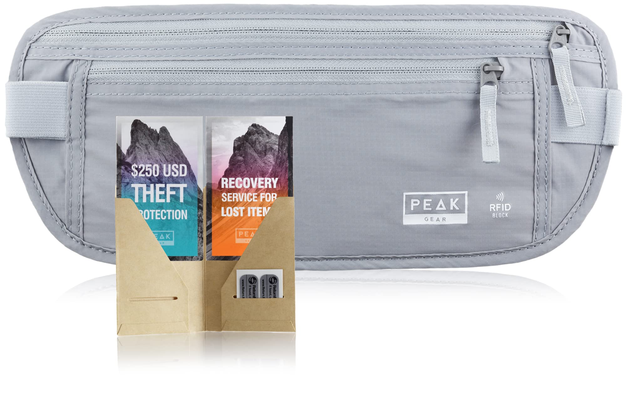 Peak GearTravel Money Belt with Built-in RFID Block - Includes Theft Protection and Global Recovery Tags, Gray Reg - Fits Most, One_Size