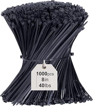 Cable Ties 1000 Pack, 3.6 x 200mm Black Zip Ties 8 inch, 40lbs Tensile Strength with UV Resistant, Tie Wraps Nylon Plastic Ties Self Locking Large Heavy Duty Cable Wrap for Tidy Wires Workshop Garden