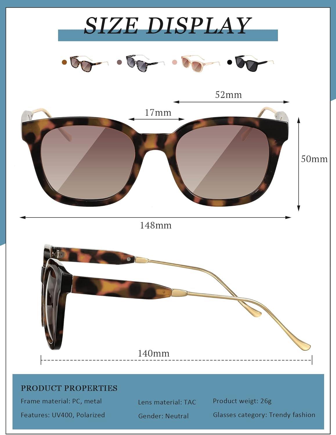 Xuhal 4 Pairs Polarized Sunglasses for Women Men Classic Square Trendy Sunglasses for Women Boys Girls UV Protection Lens Sunnies Vintage Eyewear Retro Trendy Shades Sun Glasses, 4 Styles - Image 2