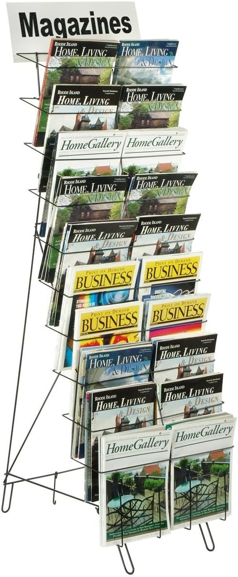 Floor-standing Wire Literature Rack with 20 Tiered Pockets, Removable Dividers Accommodate Newspapers - Black